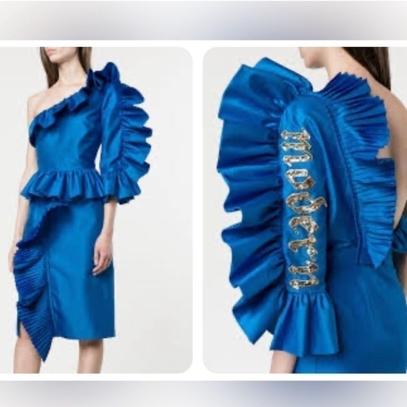 GUCCI Blue One-shoulder sequin-embellished ruffled silk RUNWAY MIDI Dress NEW - Picture 3 of 16